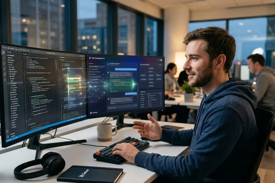 Engineer working with code and AI-assisted development tools across two monitors.