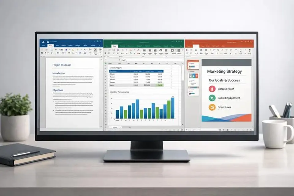 Documents, a spreadsheet and a presentation open on a desktop monitor.