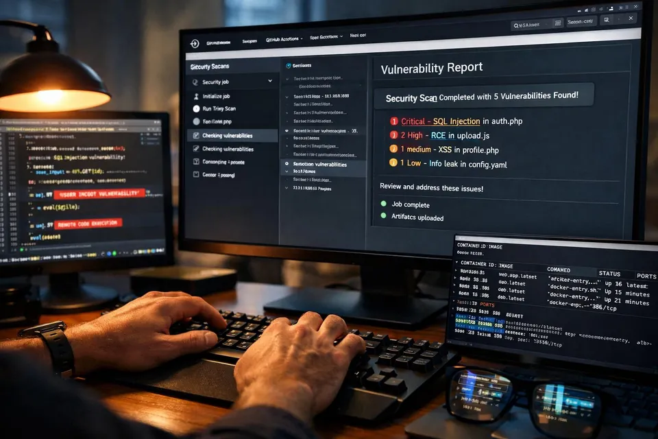 Security scan dashboard showing a vulnerability report and identified issues.