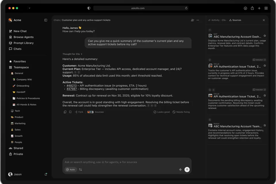 AI workspace chat summarising customer accounts, plans and support tickets with linked sources.