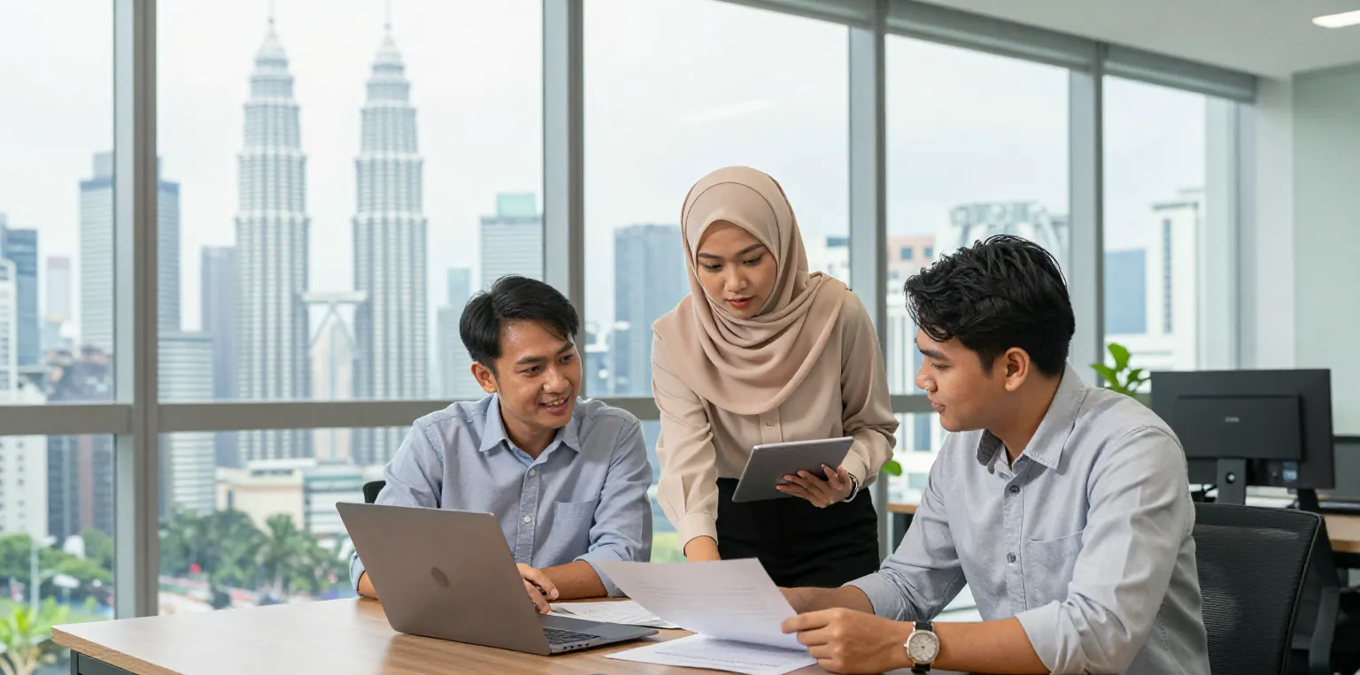 Illustrative: a Malaysian team collaborating in a modern enterprise office overlooking Kuala Lumpur.